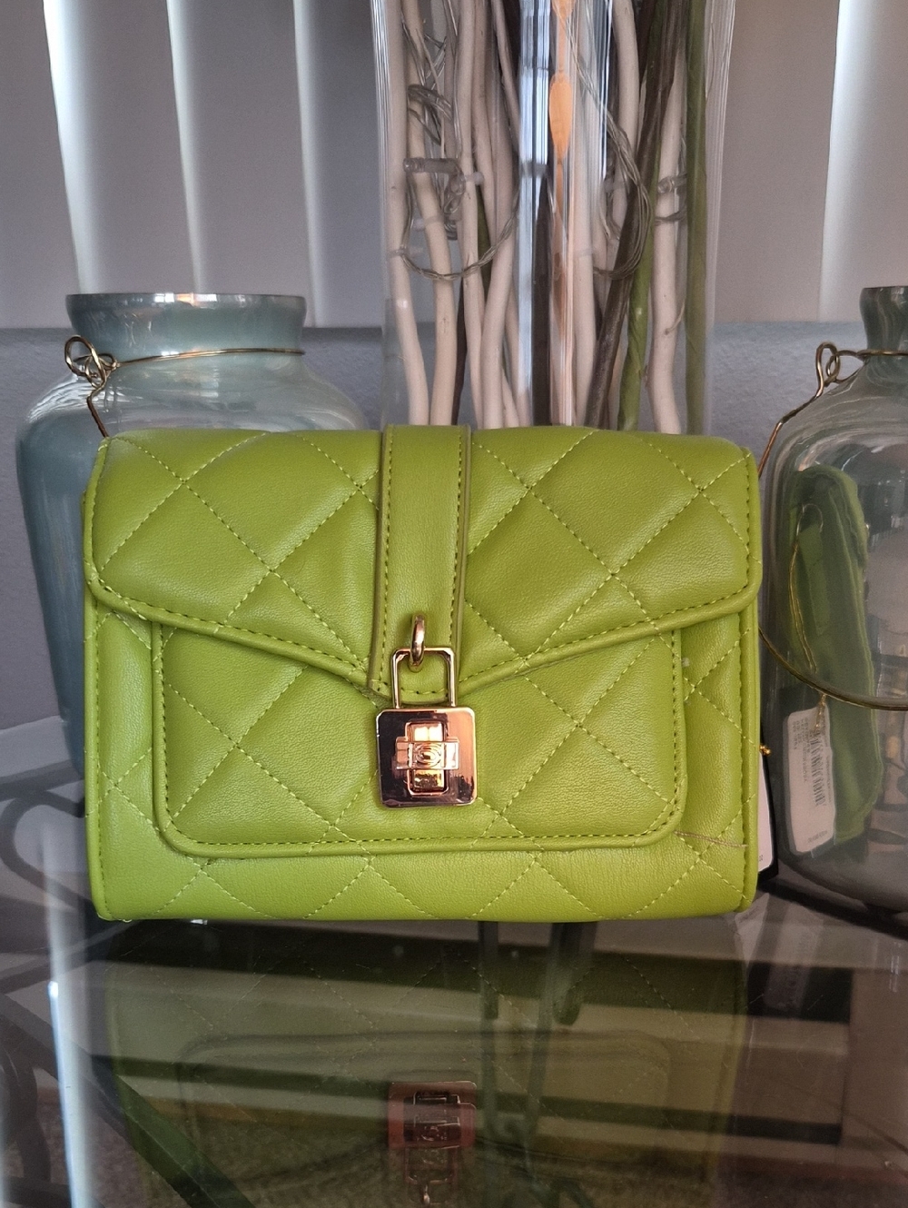 bebe Quilted Lime Green Crossbody with Gold-Tone Lock